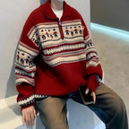 Rhett | Unisex Striped Zip Collar Christmas Knit Pullover