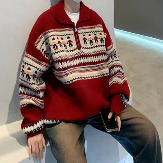 Rhett | Unisex Striped Zip Collar Christmas Knit Pullover