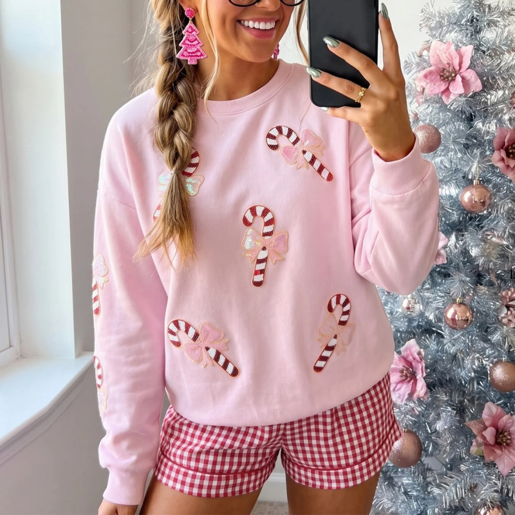 Ivy | Women Sequin Candy Cane Christmas Sweatshirt