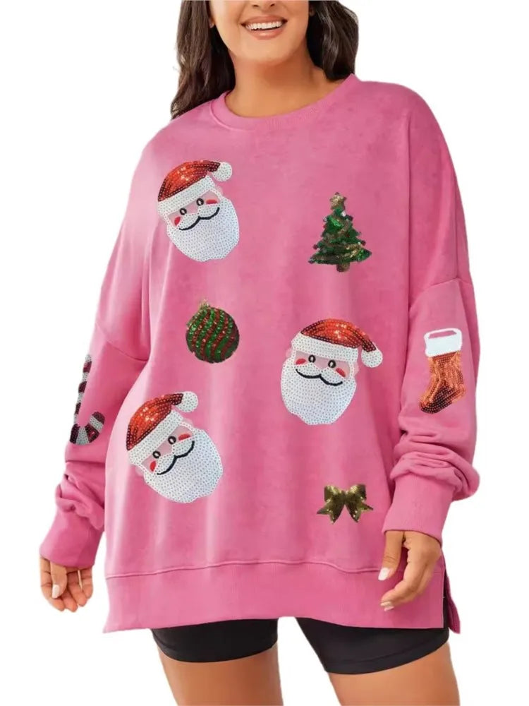 Stella | Women Sequin Santa Patch Christmas Sweatshirt