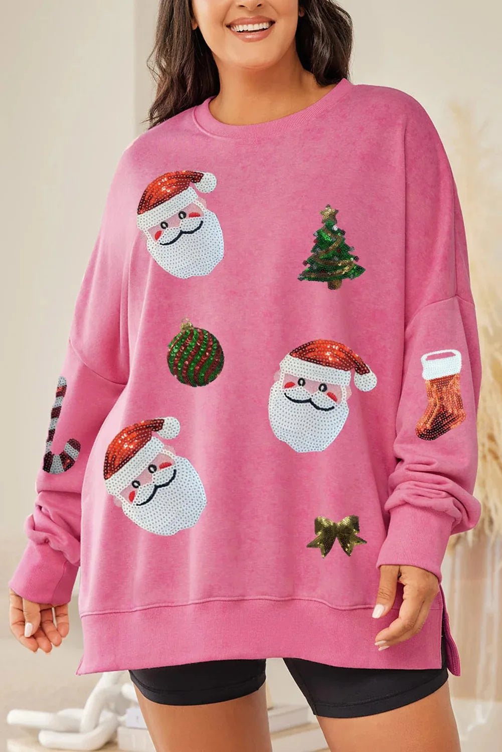 Stella | Women Sequin Santa Patch Christmas Sweatshirt