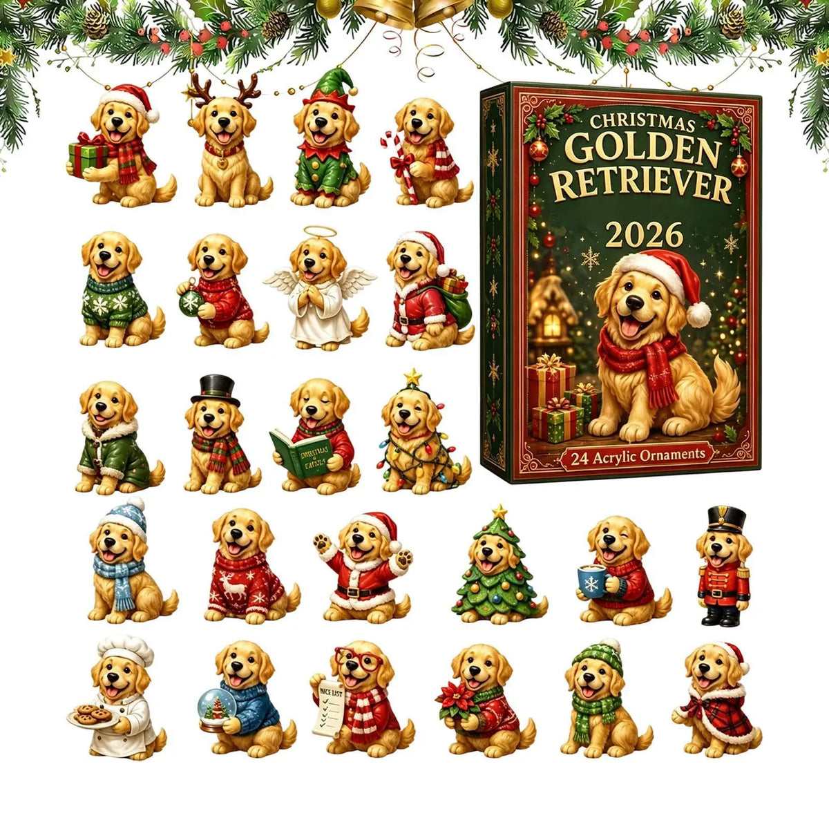 Goldie | Golden Retriever Christmas Advent Calendar with 24 Puppy Tree Ornaments
