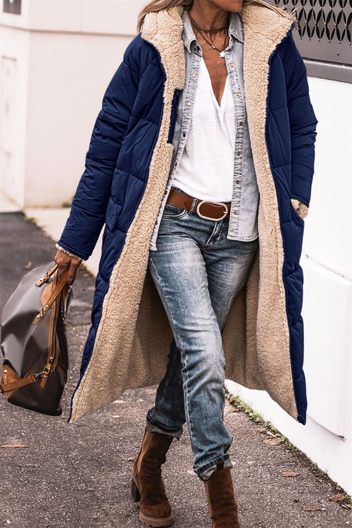 Women's Longline Quilted Puffer Coat – Sherpa Lined Winter Jacket