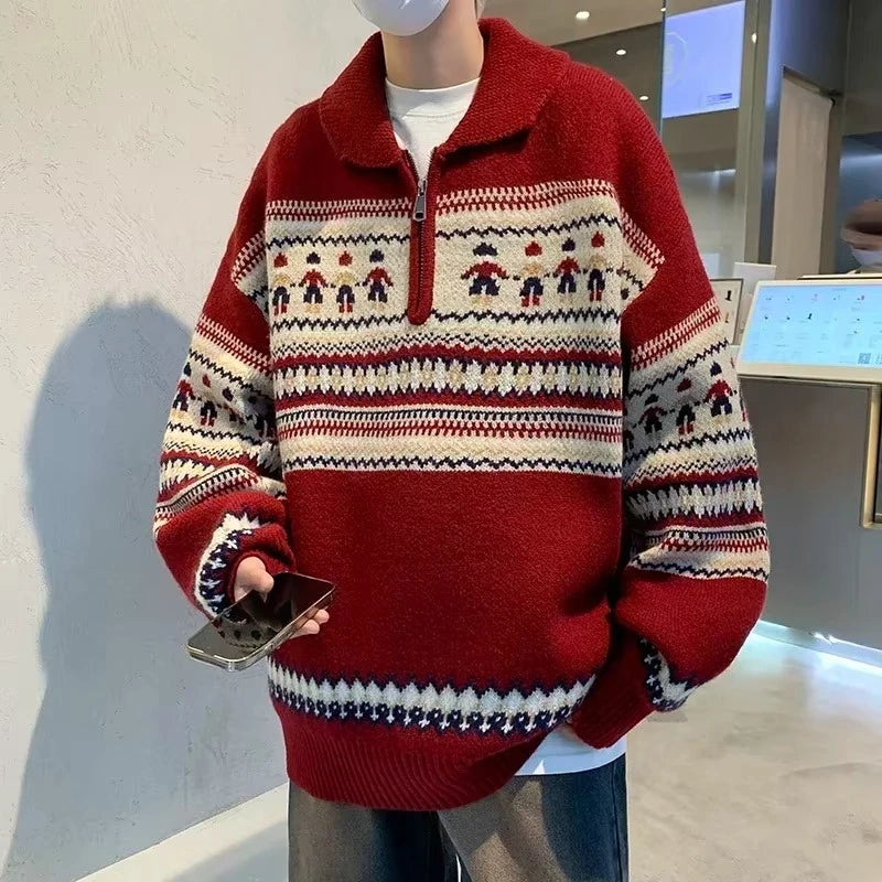 Rhett | Unisex Striped Zip Collar Christmas Knit Pullover