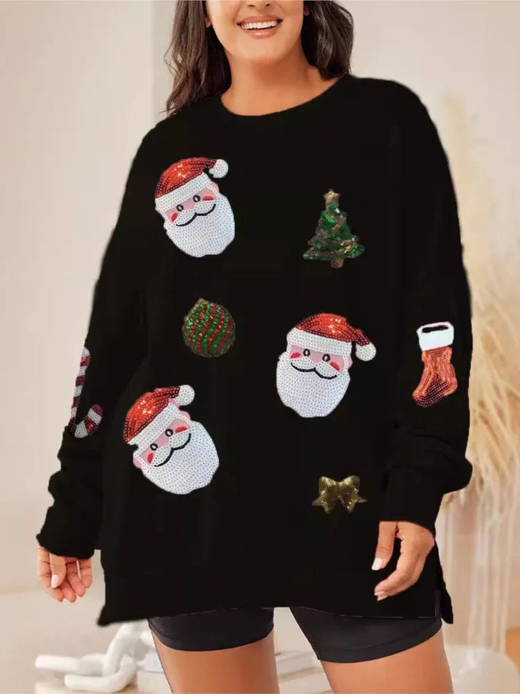 Stella | Women Sequin Santa Patch Christmas Sweatshirt