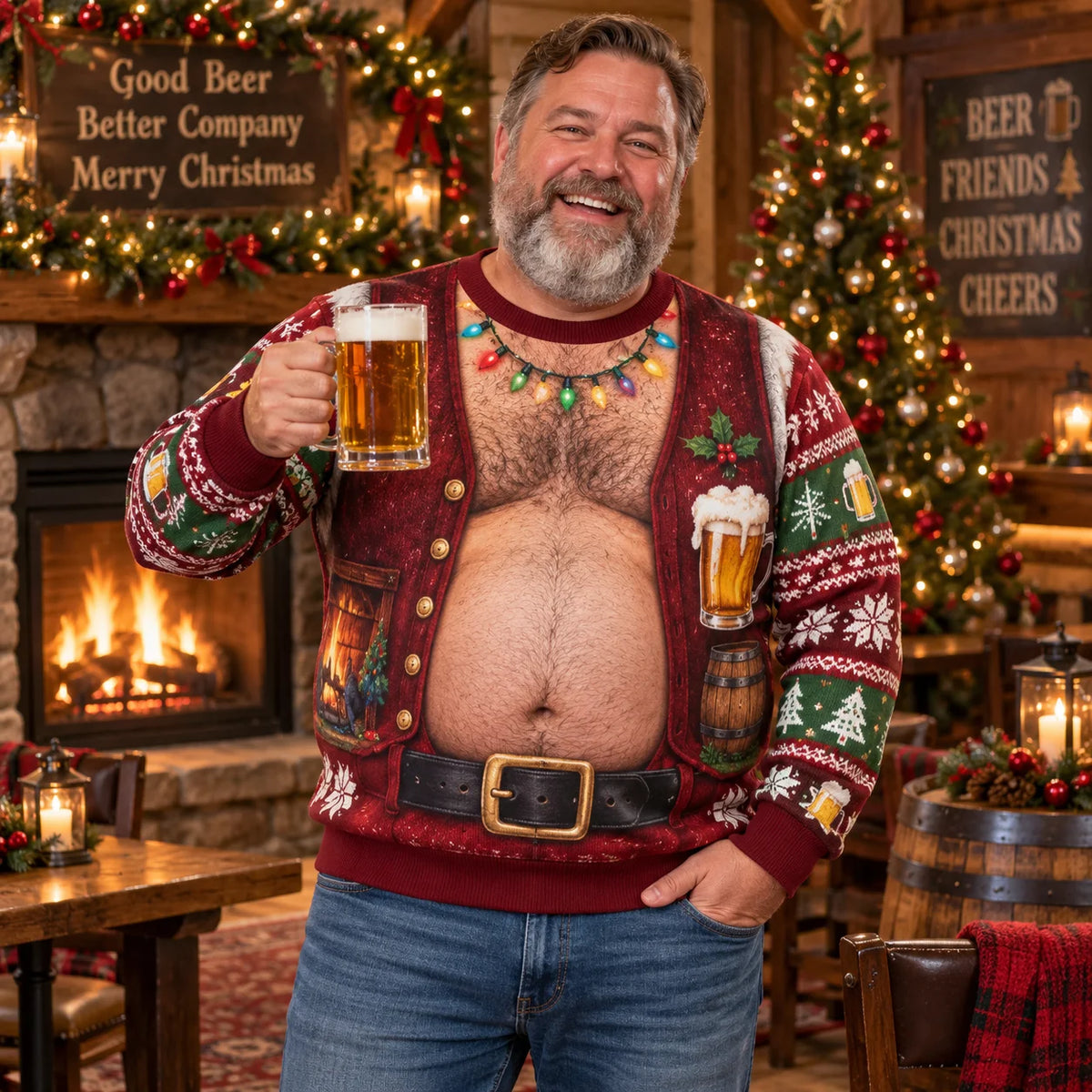 Hank | Men Beer Belly Print Ugly Christmas Sweater