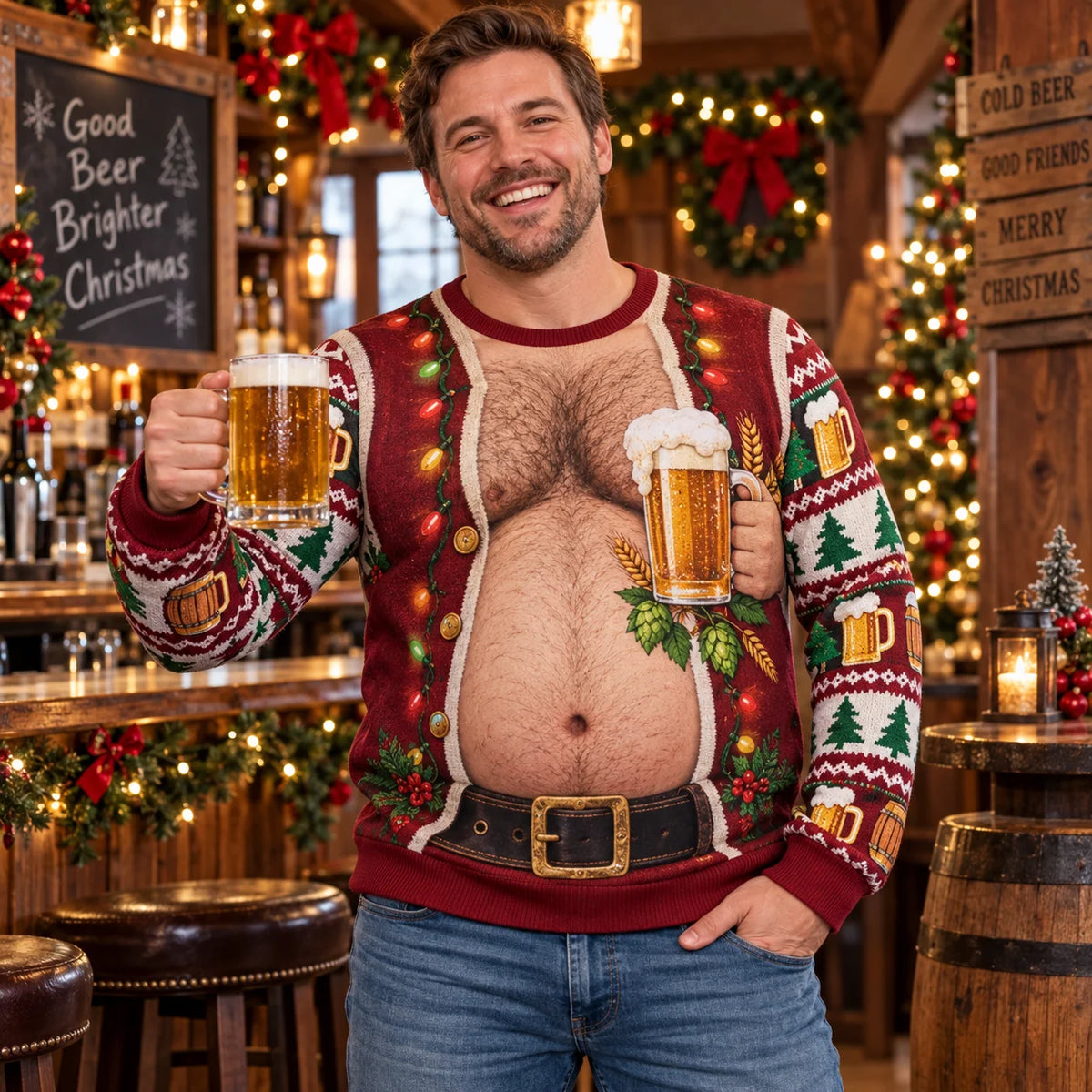 Hank | Men Beer Belly Print Ugly Christmas Sweater