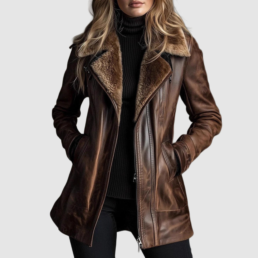 Women's Faux Leather Jacket – Faux Shearling Collar Zip-Front Coat
