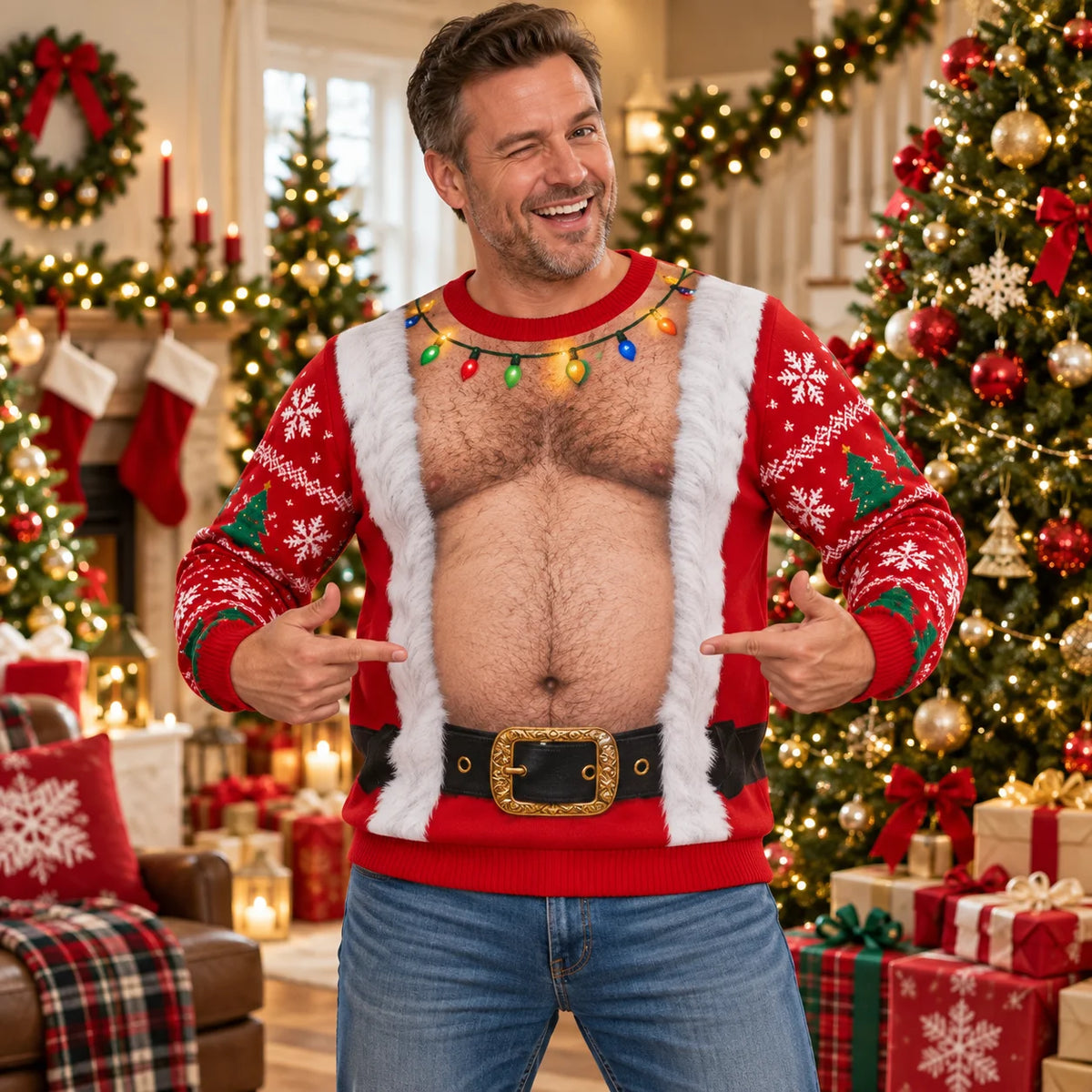 Gus | Men Santa Belly Print Ugly Christmas Sweater