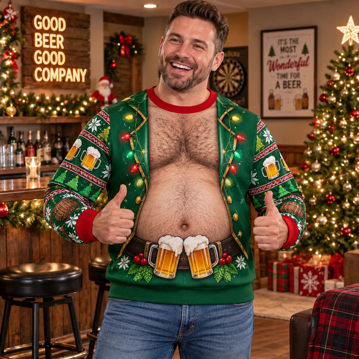 Hank | Men Beer Belly Print Ugly Christmas Sweater