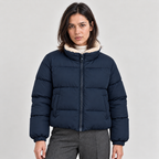 Women's Short Puffer Jacket with Sherpa Collar – High Neck Full Zip