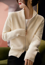 Merino Wool Zip Cardigan with Standing Collar, Double-Zip Closure and Ribbed Knit Texture