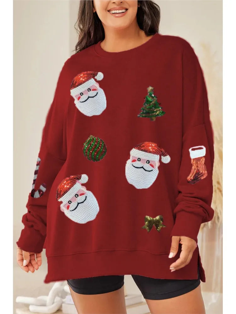 Stella | Women Sequin Santa Patch Christmas Sweatshirt