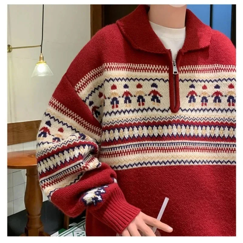 Rhett | Unisex Striped Zip Collar Christmas Knit Pullover