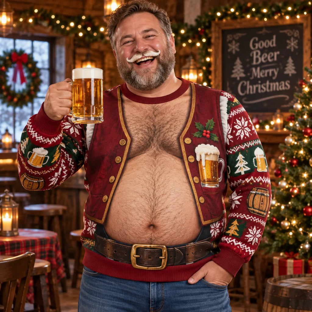 Hank | Men Beer Belly Print Ugly Christmas Sweater
