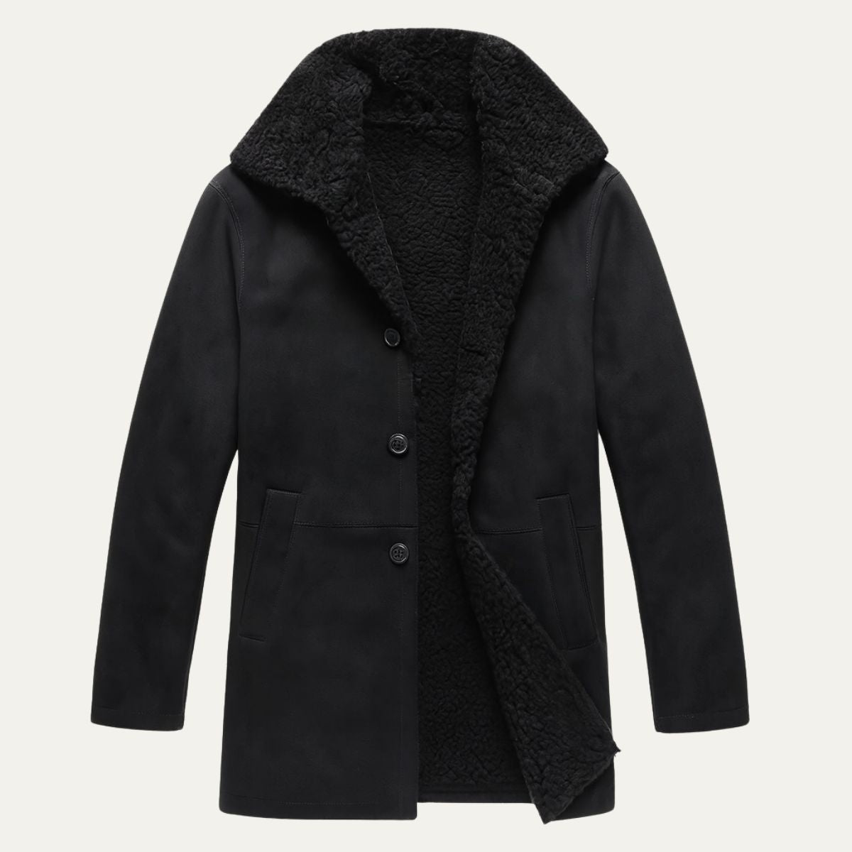 Men's Winter Overcoat with Shearling-Style Collar – Warm Lined Tailored Coat