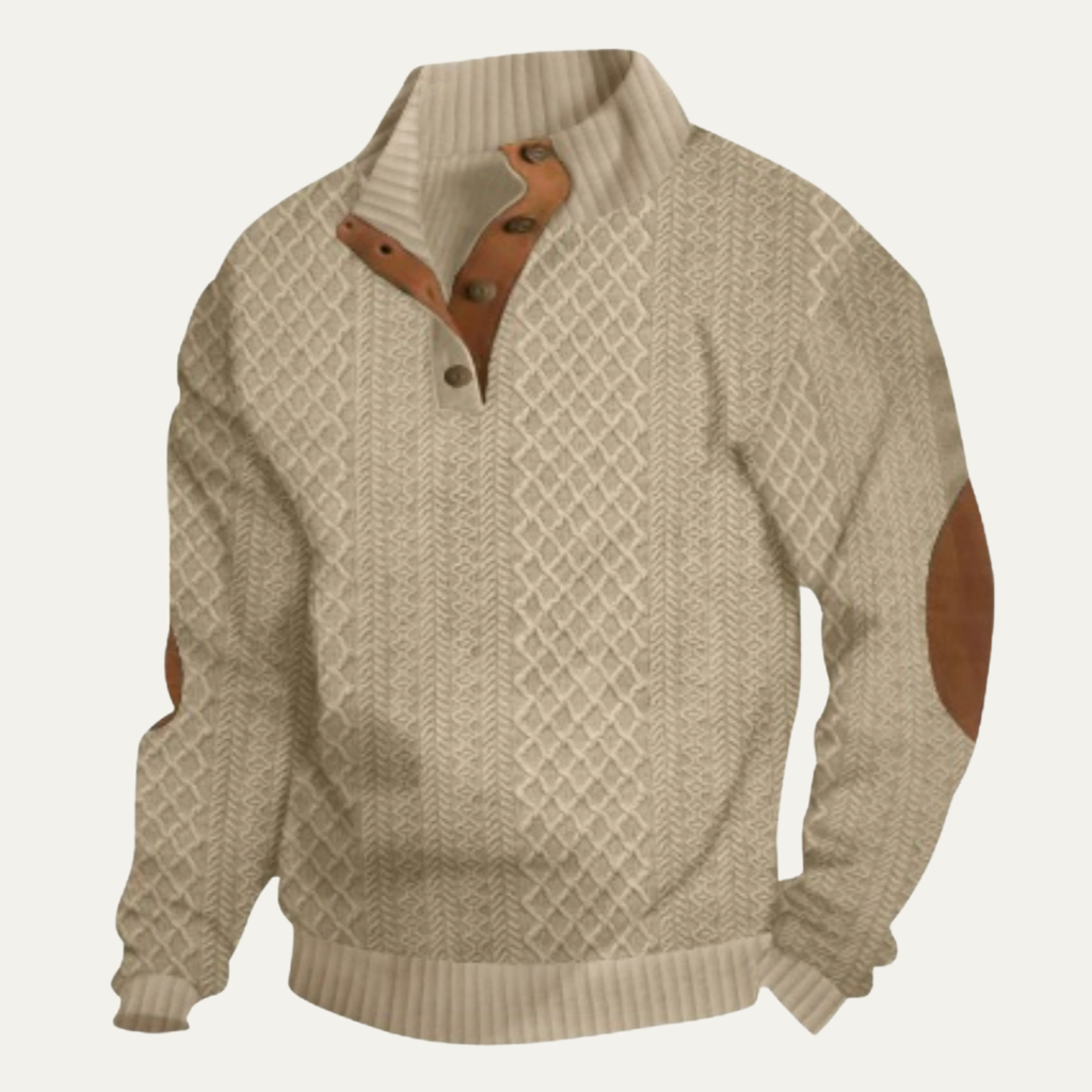 Men's Cable Knit High Collar Sweater – Retro Pullover with Elbow Patches
