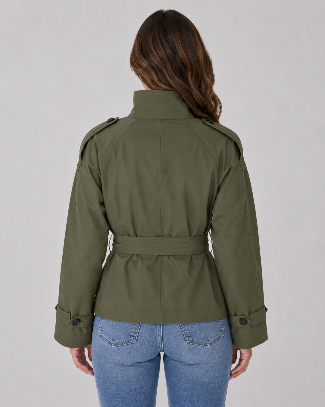 Women's Cropped Trench Jacket – Funnel Neck Double-Breasted Belted Coat