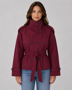Women's Cropped Trench Jacket – Funnel Neck Double-Breasted Belted Coat