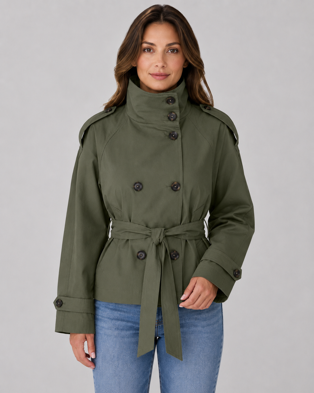 Women's Cropped Trench Jacket – Funnel Neck Double-Breasted Belted Coat