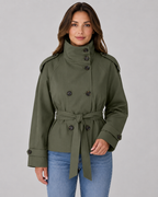 Women's Cropped Trench Jacket – Funnel Neck Double-Breasted Belted Coat