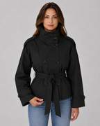 Women's Cropped Trench Jacket – Funnel Neck Double-Breasted Belted Coat