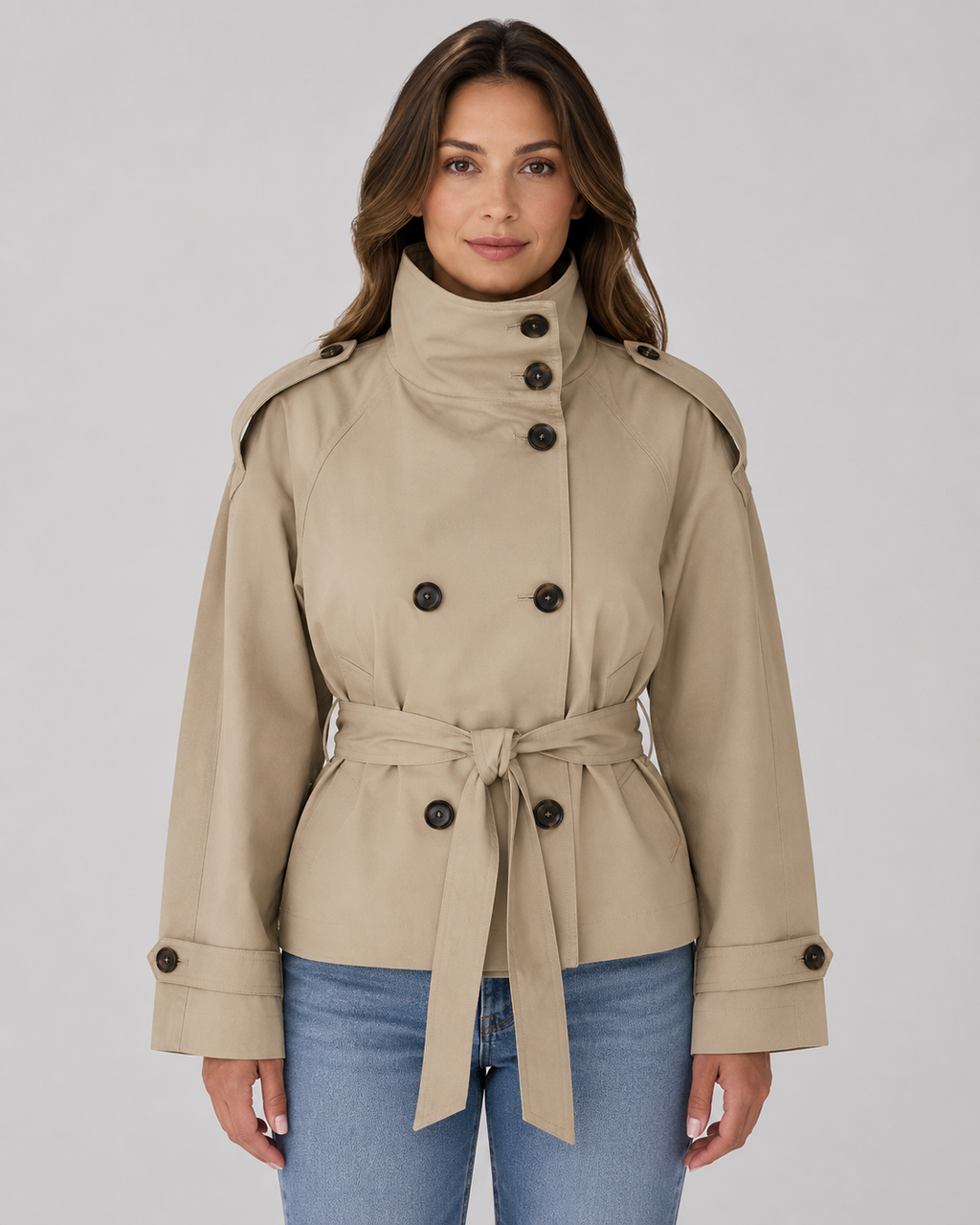 Women's Cropped Trench Jacket – Funnel Neck Double-Breasted Belted Coat