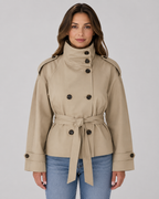 Women's Cropped Trench Jacket – Funnel Neck Double-Breasted Belted Coat
