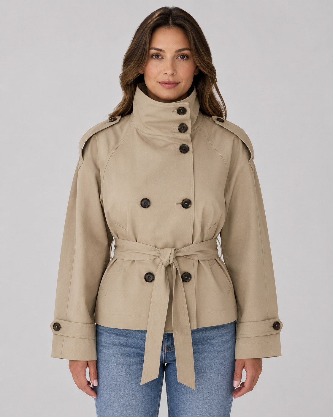 Women's Cropped Trench Jacket – Funnel Neck Double-Breasted Belted Coat
