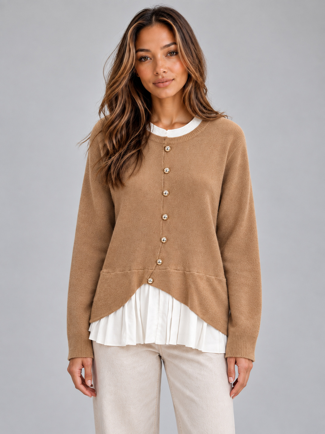 Women's Layered Knit Cardigan – Pleated Shirt Hem Button Front Sweater