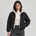Women's Short Puffer Jacket with Sherpa Collar – High Neck Full Zip