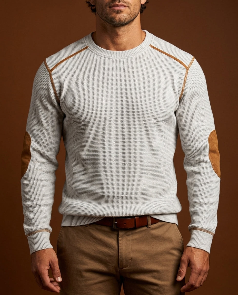 Men's Waffle Knit Sweater with Elbow Patches – Textured Crew Neck Pullover
