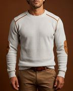 Men's Waffle Knit Sweater with Elbow Patches – Textured Crew Neck Pullover