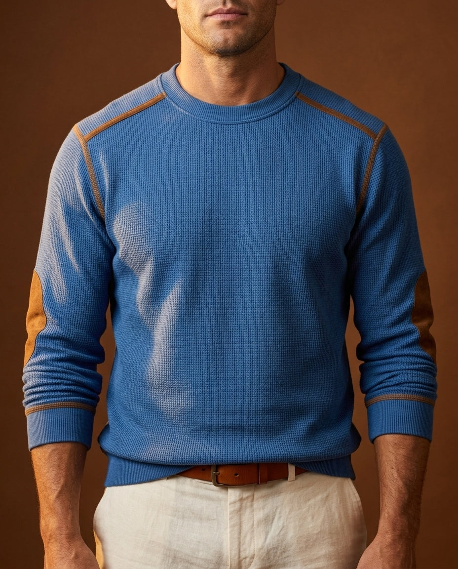 Men's Waffle Knit Sweater with Elbow Patches – Textured Crew Neck Pullover