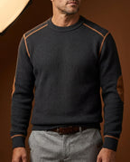 Men's Waffle Knit Sweater with Elbow Patches – Textured Crew Neck Pullover