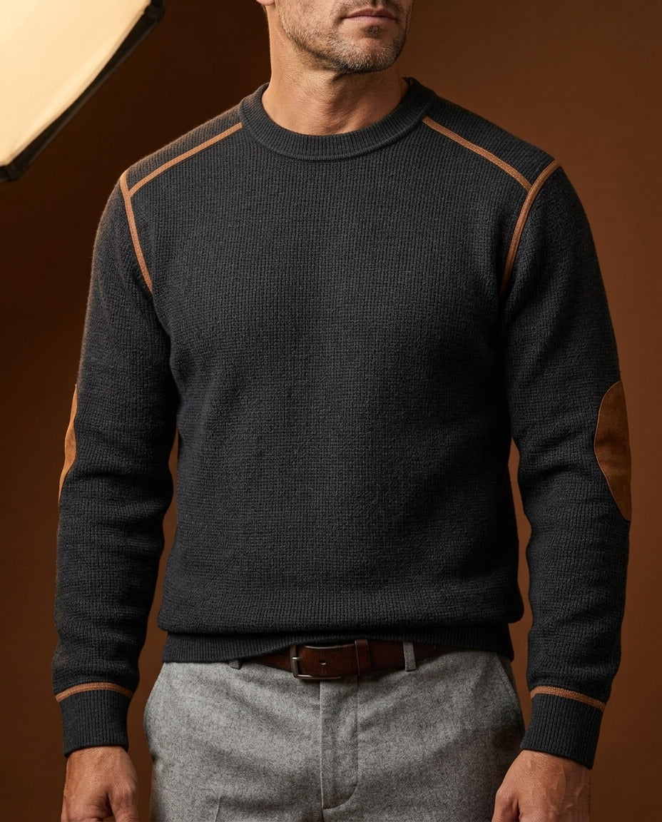 Men's Waffle Knit Sweater with Elbow Patches – Textured Crew Neck Pullover