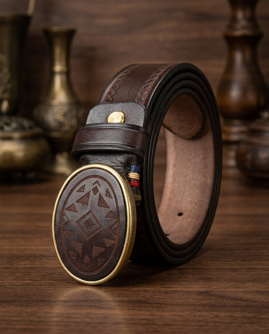 Men's Engraved Belt – Classic Metal Buckle Everyday Belt