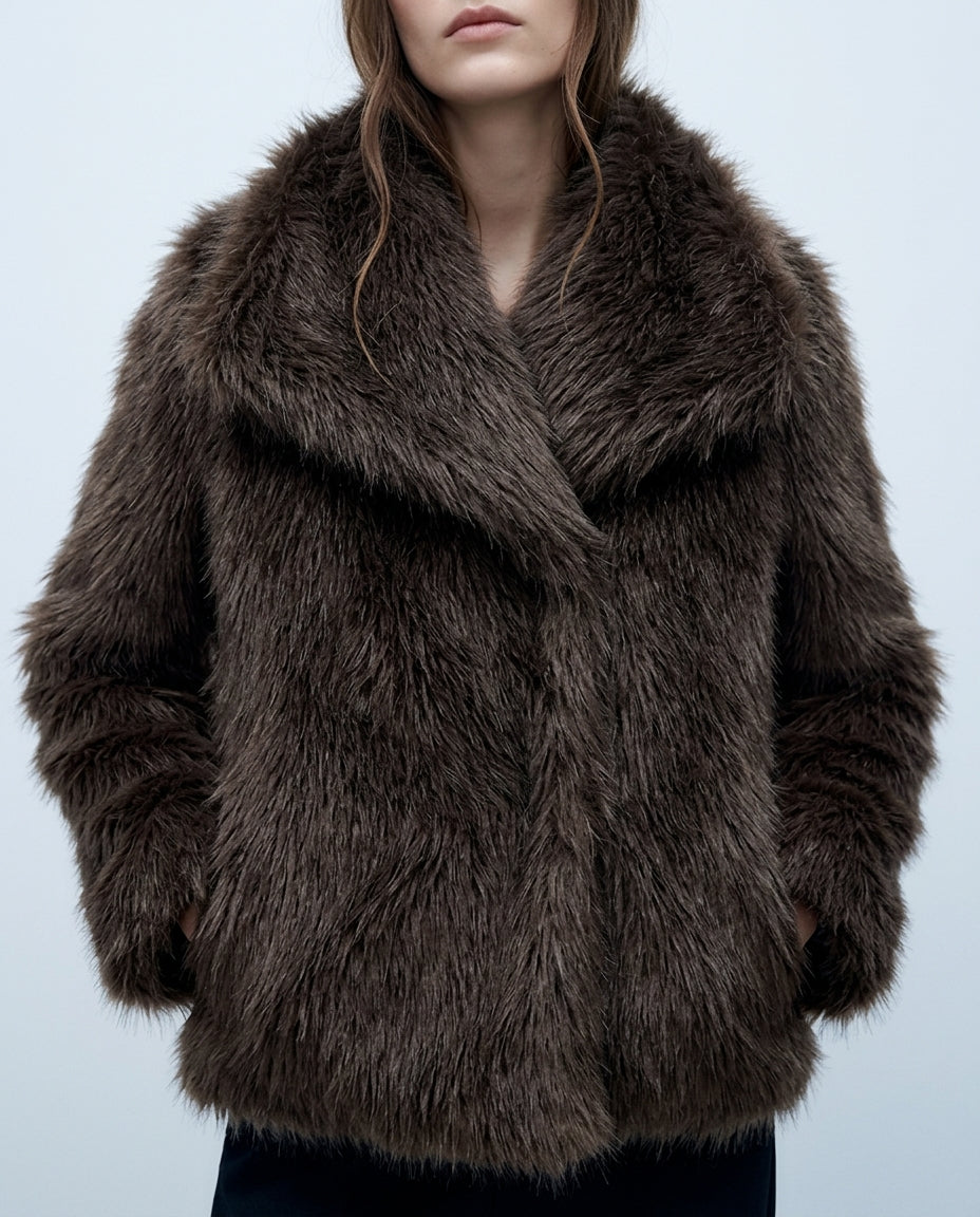 Women's Faux Fur Winter Coat – Plush Oversized Collar Elegant Jacket