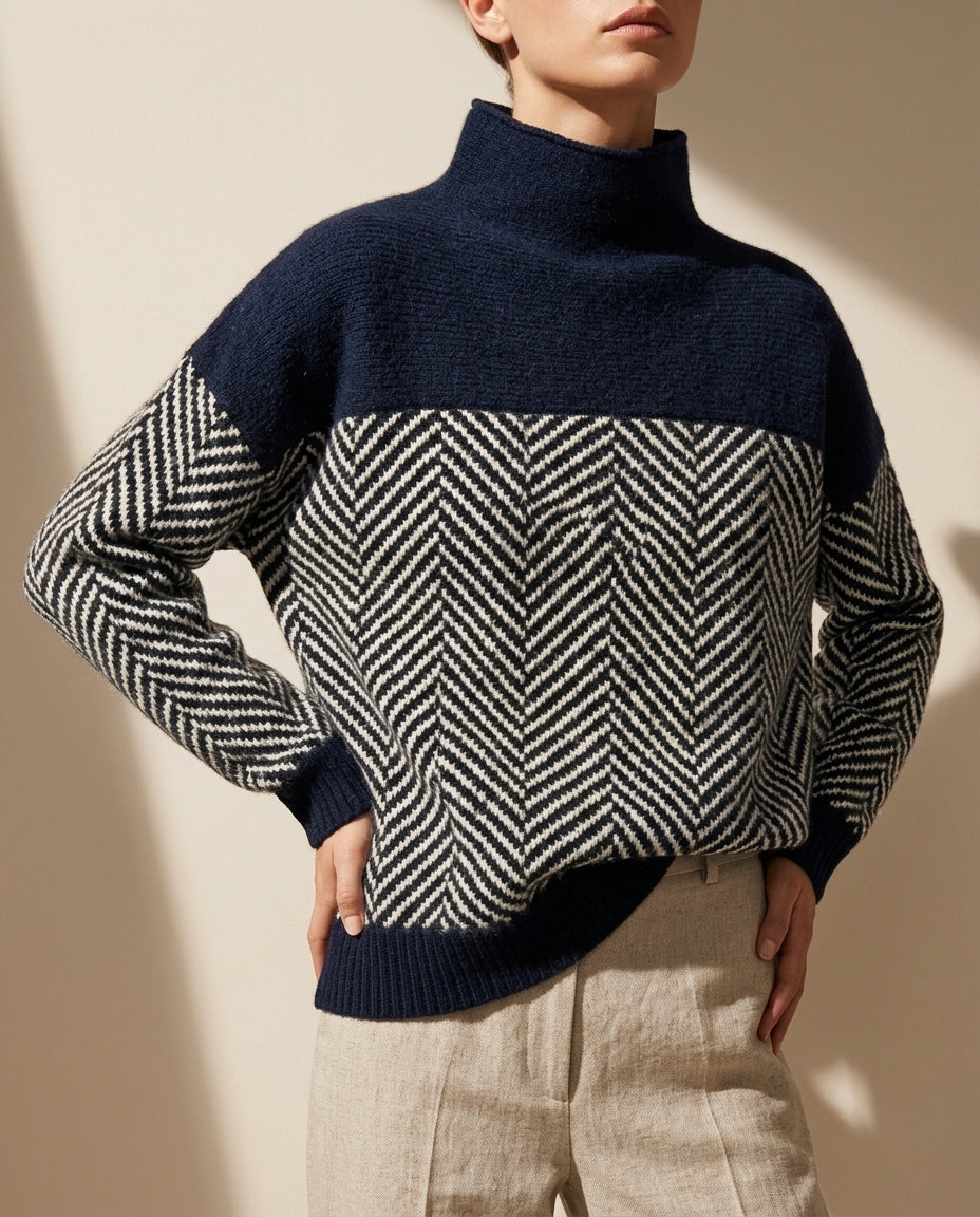 Women's Herringbone Mock Neck Sweater – Two-Tone Relaxed Knit