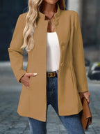 Women's Stand Collar Longline Blazer – Tailored Button-Front Office Jacket