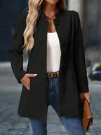 Women's Stand Collar Longline Blazer – Tailored Button-Front Office Jacket