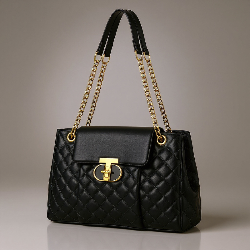 Women's Quilted Chain Handle Bag – Structured Turn-Lock Handbag