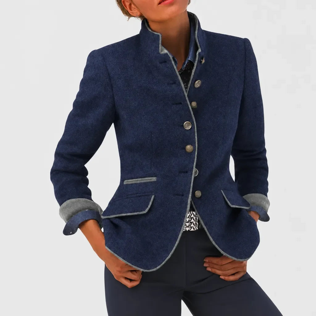 Women's Stand Collar Tailored Blazer – Contrast Trim Button-Front Jacket
