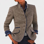 Women's Stand Collar Tailored Blazer – Contrast Trim Button-Front Jacket