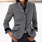 Women's Stand Collar Tailored Blazer – Contrast Trim Button-Front Jacket