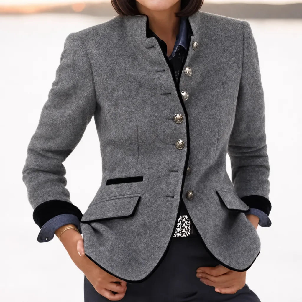 Women's Stand Collar Tailored Blazer – Contrast Trim Button-Front Jacket