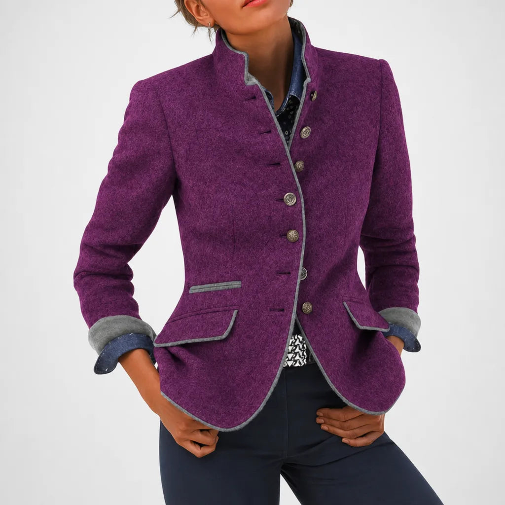 Women's Stand Collar Tailored Blazer – Contrast Trim Button-Front Jacket