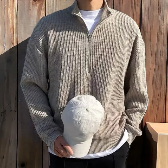 Men's Thick Half-Zip Knit Sweater – High Collar Ribbed Pullover