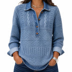 Women's Cable Knit Half-Button Pullover – Contrast Collar Relaxed Sweater