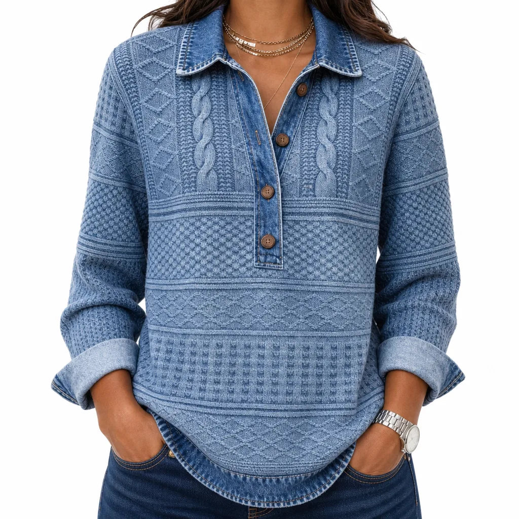 Women's Cable Knit Half-Button Pullover – Contrast Collar Relaxed Sweater